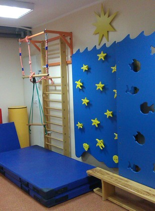 Sala rehabilitacyjna wyposażona w drabinki, materace, drążki do podciągania się i ściankę wspinaczkową.