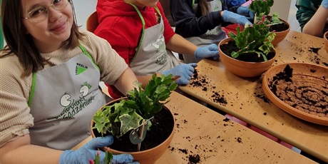 Powiększ grafikę: Troje uczniów siedzi przy stole, przed nimi stoją doniczki z wsadzonymi roślinami.