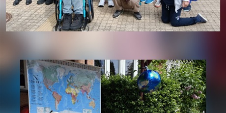 Powiększ grafikę: Grupy uczniów na tle dekoracji szkoły.