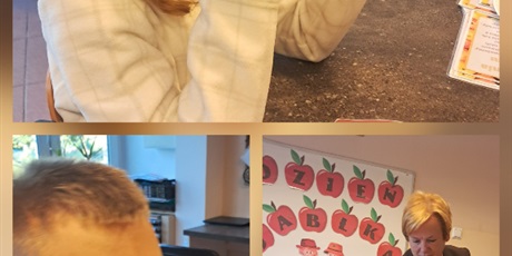 Powiększ grafikę: Kolaż trzech zdjęć, na których uczniowie poznają jabłka wszystkimi zmysłami: wąchają, dotykają, smakują.