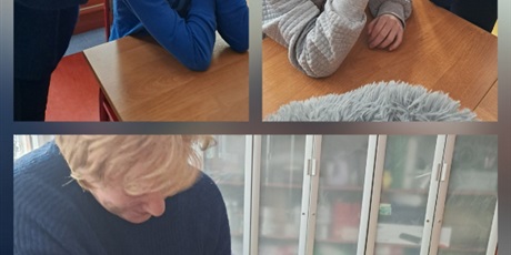 Powiększ grafikę: Kolaż trzech zdjęć, na każdym uczeń siedzi przy stoliku, a nauczyciel stoi obok i daje mu do powąchania coś w woreczku.