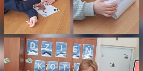 Powiększ grafikę: Kolaż trzech zdjęć, na których uczniowie oglądają różne akcesoria przeznaczone dla kota.