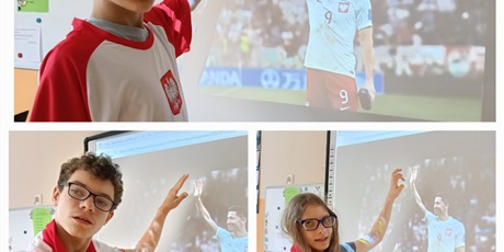 Powiększ grafikę: Kolaż trzech zdjęć, na którychposzczególni uczniowie przybijają piątkę z Robertem Lewandowskim na ekranie.