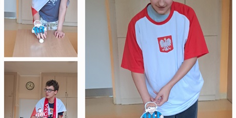Powiększ grafikę: Kolaż trzech zdjęć, na których pojedynczy uczniowie w strojach kibica stoją przy stoliku, na palcach jednej ręki mają założonego papierowego piłkarzyka.