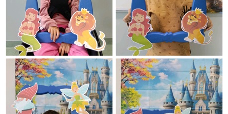 Powiększ grafikę: Kolaż czterech zdjęć, na każdym jedno dziecko na tle plakatu z bajkowym zamkiem. Dzieci trzymają przed sobą niebieskieką ramkę.