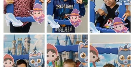 Powiększ grafikę: Kolaż sześciu zdjęć. Na każdym jedno dziecko na tle plakatu z bajkowym zdjęciem. Dzieci trzymają przed sobą niebieską ramkę.