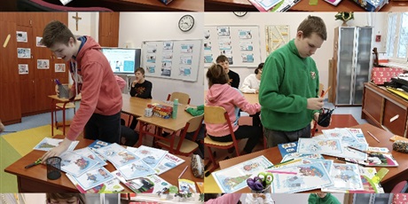 Powiększ grafikę: Kolaż zdjęć przedstawiających uczniów wybierających różne przybory biurowe.