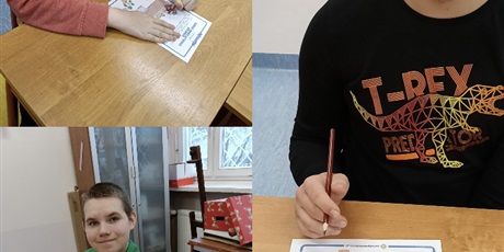 Powiększ grafikę: Kolaż zdjęć przedstawiających uczniów wypełniających kartę pracy.