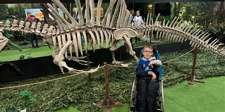 Powiększ grafikę: Chłopiec na wózku stoi na tle szkieletu dinozaura.