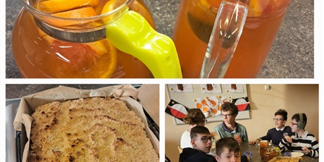 Powiększ grafikę: Kolaż trzech zdjęć, na których widać przygotowaną zimową herbatę, owoce [od kruszonką oraz uczniów siedzących przy stole.