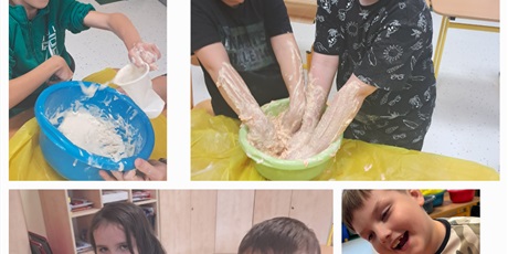 Powiększ grafikę: Kolaż czterech zdjęć, na których dziecie zagniatają ciasto w misce.