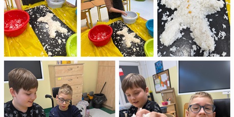 Powiększ grafikę: Kolaż pięciu zdjęć, na których dzieci wykonują isie z wiórków kokosowych.