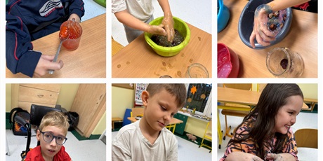 Powiększ grafikę: Kolaż sześciu zdjęć, na których uczniowie mieszają kisiel w misce.