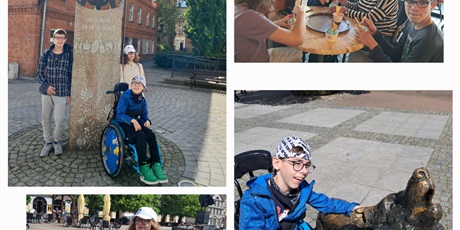 Powiększ grafikę: Kolaż czterech zdjęć - uczniowie przy pomnikach zwierząt oraz w kawiarni.