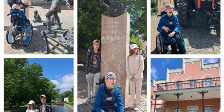 Powiększ grafikę: Kolaż pięciu zdjęć - uczniowie pod zabytkami Wejherowa.