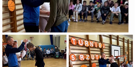 Powiększ grafikę: Kolaż trzech zdjęć, na których nauczyciel w stroju sportowym nakłada uczniom medale.