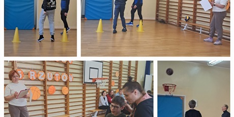 Powiększ grafikę: Kolaż czterech zdjęć, na których uczniowie rzucają do kosza.