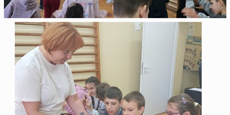 Powiększ grafikę: Kolaż dwóch zdjęć - u góry uczniowie w trakcie rozgrzewki, na dole nauczycielka częstuje dzieci siedzące na ławeczce ciastkami.