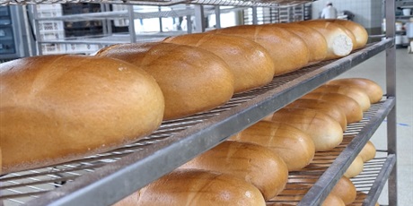 Powiększ grafikę: Bochenki chleba leżą na regale.