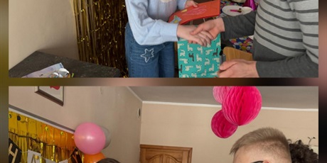 Powiększ grafikę: Kolaż dwóch zdjęć, na których koledzy składają życzenia dziewczynce w przystrojonej urodzinowo klasie.