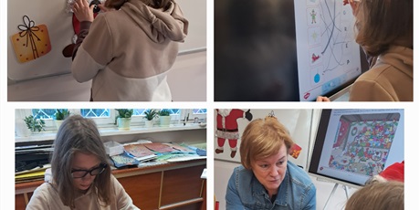 Powiększ grafikę: Kolaż czterech zdjęć, na których uczennica wykonuje mikołajkowe zadania.