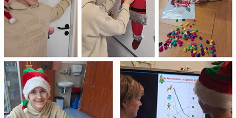 Powiększ grafikę: Kolaż pięciu zdjęć, na których uczeń wykonuje mikołajkowe zadania.