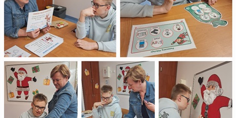 Powiększ grafikę: Kolaż pięciu zdjęć, na których uczeń wraz z nauczycielem wykonuje mikołajkowe zadania.