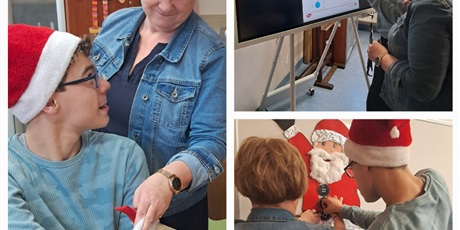 Powiększ grafikę: Kolaż trzech zdjęć, na których uczeń poszukuje guzików do płaszcza Mikołaja.