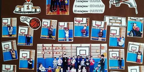 Powiększ grafikę: Na brązowym tle przyklejone zdjęcia dzieci. Każde dziecko stoi pod koszem w sali gimnastycznej i trzyma piłkę do koszykówki.
